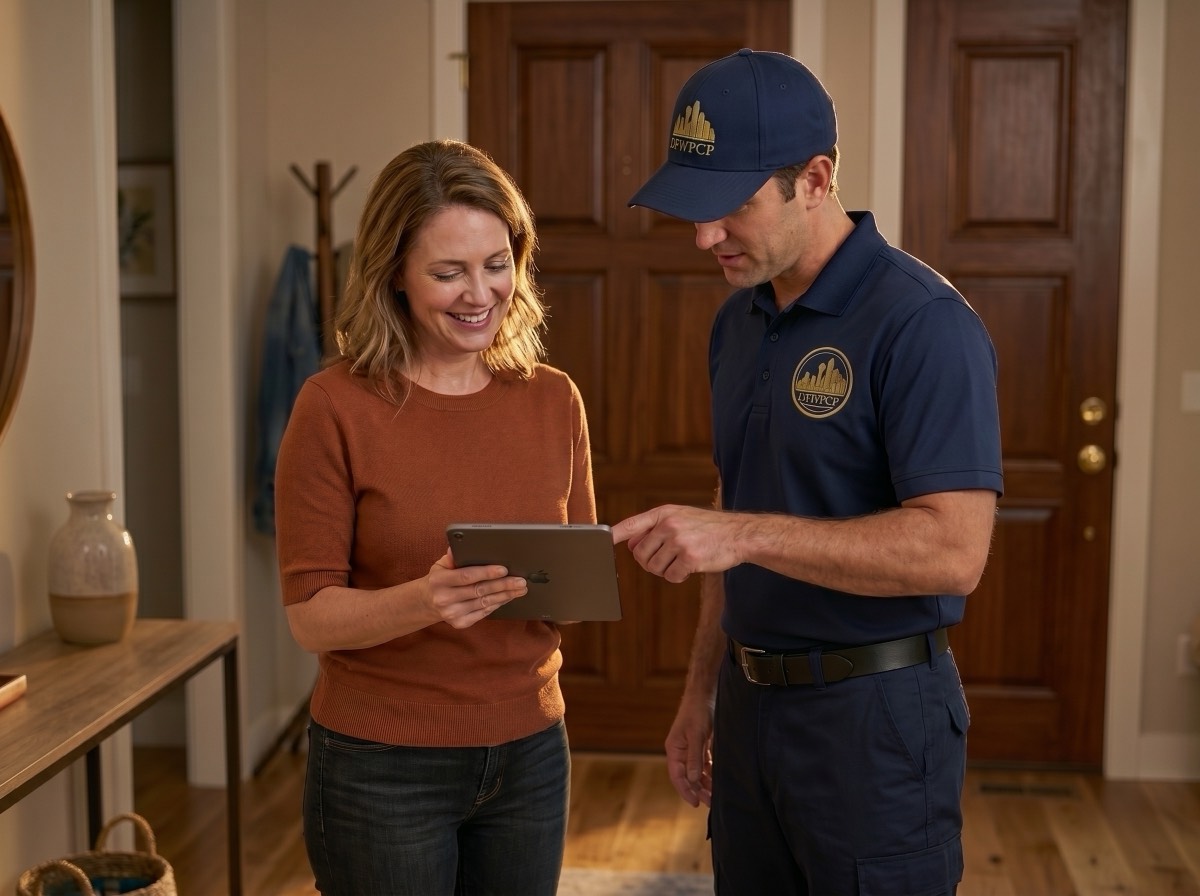 DFW homeowner and licensed plumber discussing a pre-purchase plumbing inspection