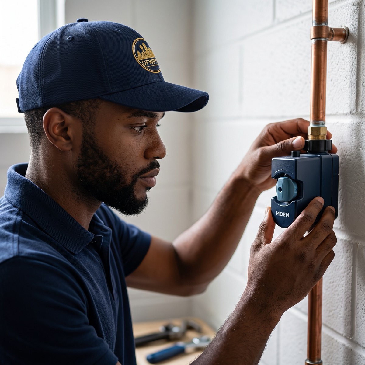 Smart automatic water shut-off valve installed on a DFW home's main water line